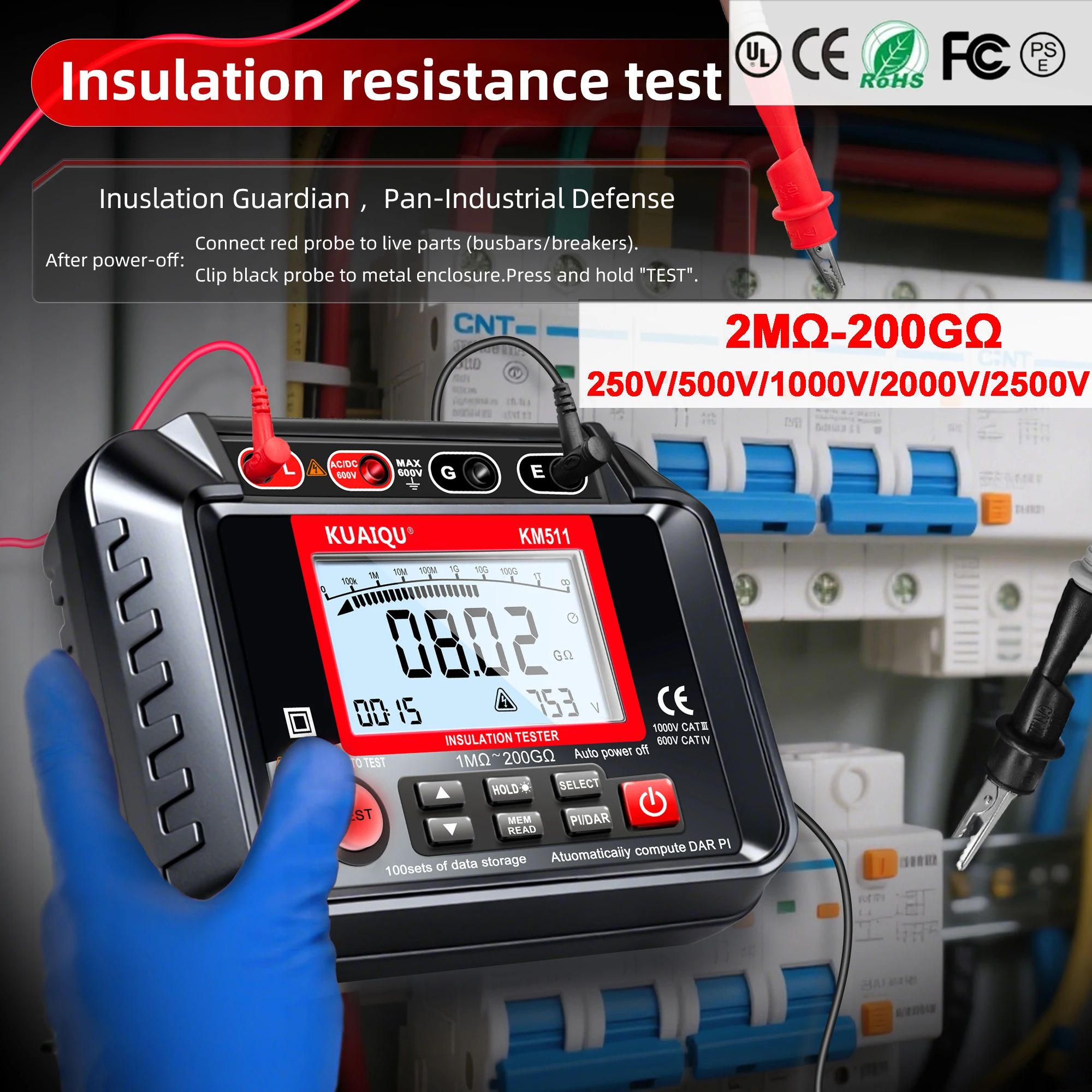 1MΩ~200GΩ Insulation Earth Resistance Meter Tester 0.1MΩ~10GΩ AC/DC Voltmeter 10-600V 1000V/2500V Digital Megohmmeter