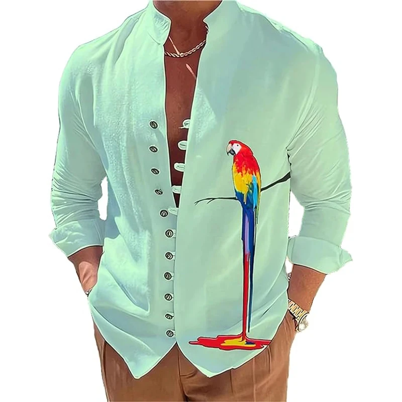 Men Fashion Shirts Parrot 3D Printed Shirt Male Casual Long Sleeve Standing Collar Tops Spring And Autumn Daily Outdoor Camisas