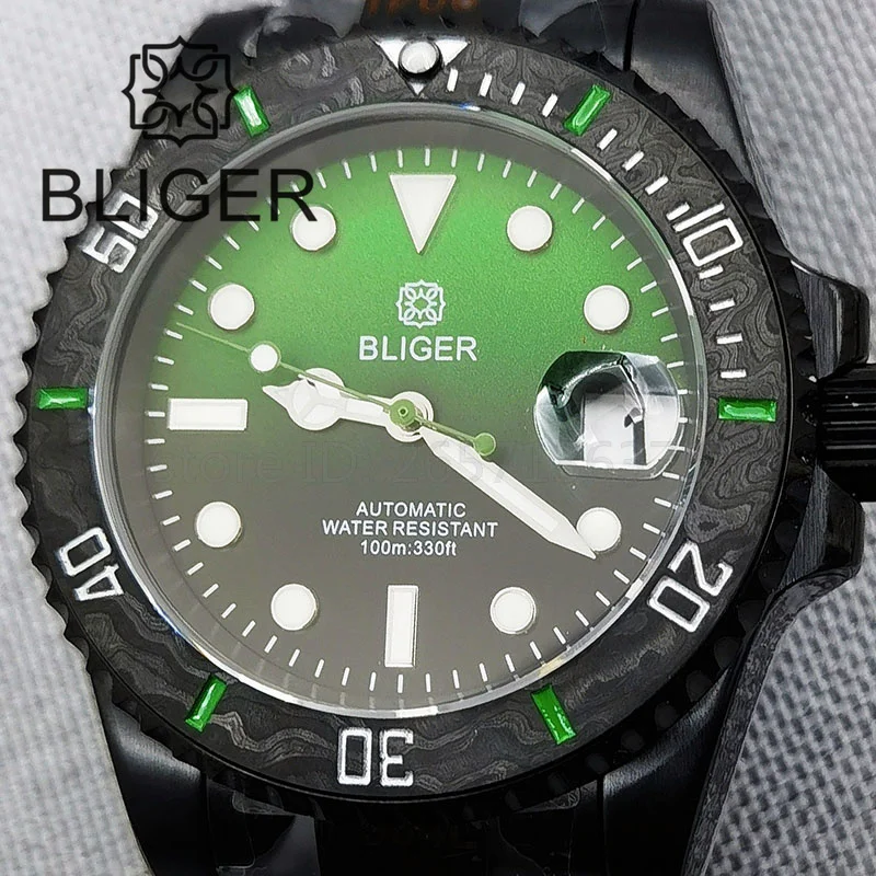 BLIGER 40mm Watch For Men NH35 Automatic Mechanical Wristwatch Full Black Case Sapphire Glass Carbon Fiber Bezel Waterproof Date