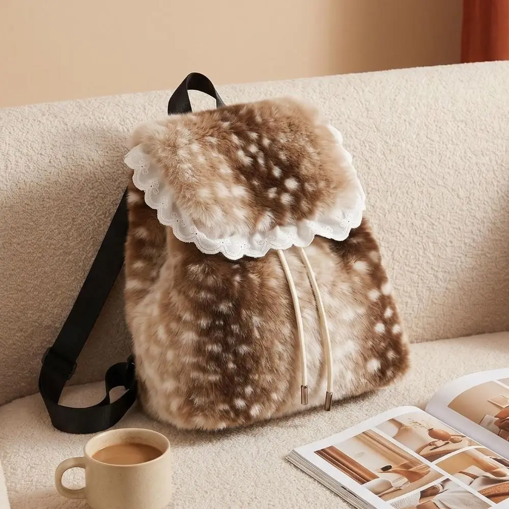 Portable Leopard Print Fluffy Shoulder Bag Soft Deer Spot Backpack Korean Style Large Capacity Faux Fur Backpack Shopping