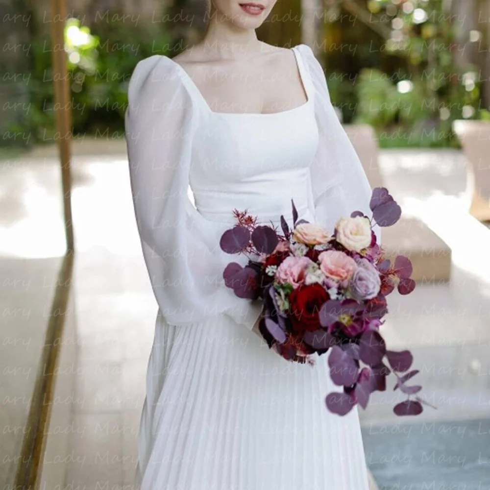 오프 화이트 쉬폰 웨딩 드레스, 푹신한 긴 소매 스퀘어 넥, 야외 신부 가운, 발목 스커트, 여름 해변 맞춤형 2025