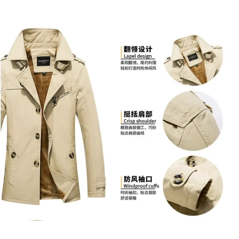 

New Fleece Men Long Trench Coats Brand Mens Clothing Mens Casual Outerwear Classic Long Coat Thick Warm Jackets Mens Windbreaker