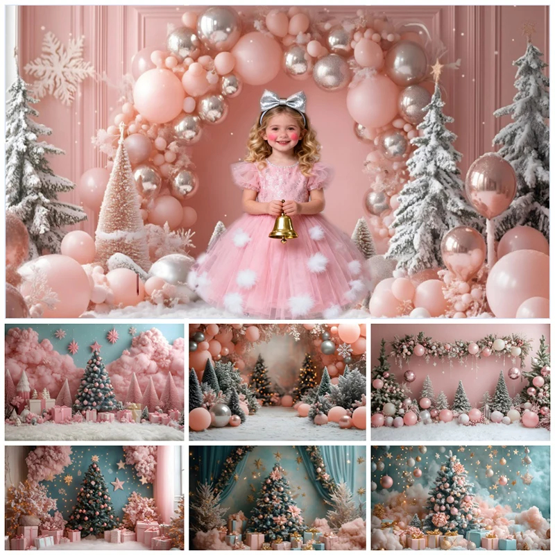 

Pink Christmas Decorations Photography Background Arch Balloon Xmas Tree Gift Holiday Kid Family Portrait Backdrop Studio Props