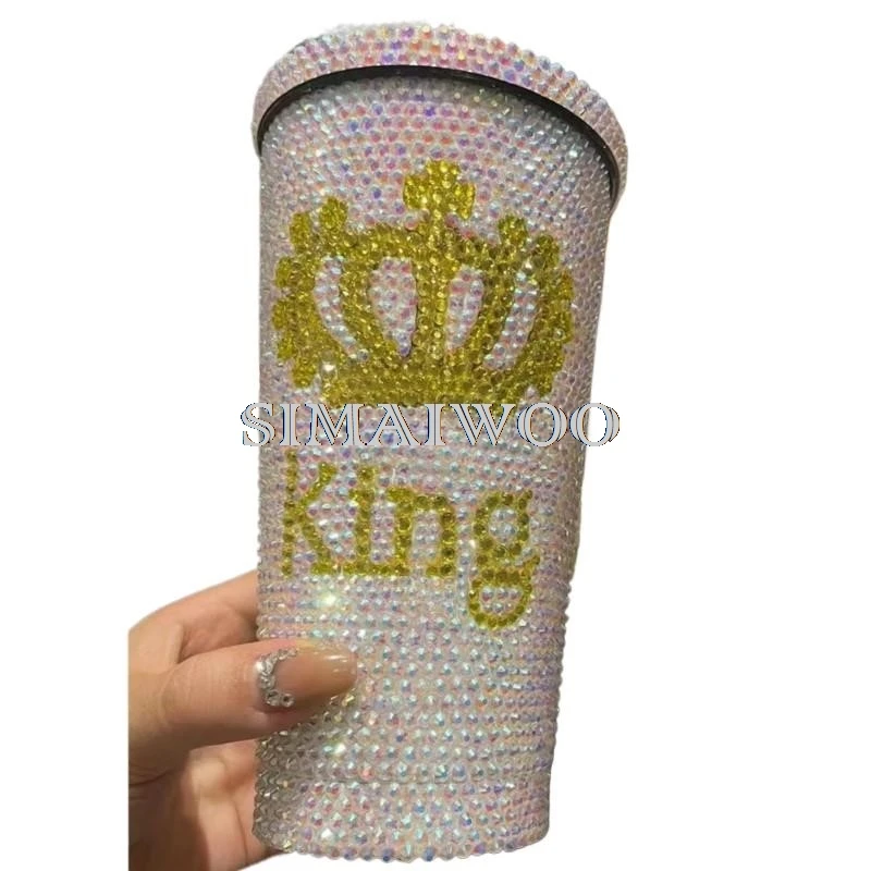 Bling Straw Cup Handmade Sparkling Crown Leopard Stainless Steel 500ML Thermos Vaccum Christmas Red Green Mosaic Cross Stitch