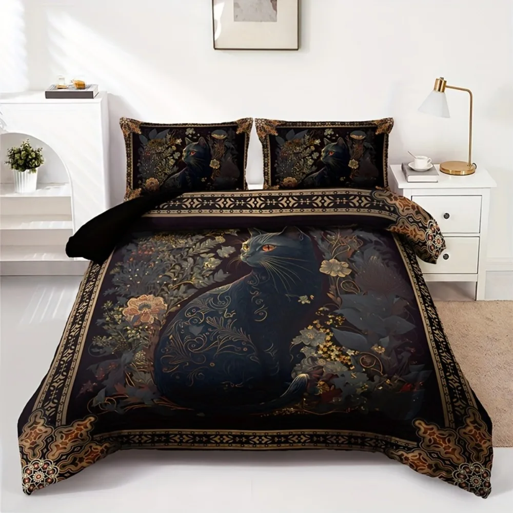 3pcs Bedding Set Gothic Black Cat Allan Poe Style Cozy Duvet Cover Set King Queen Twin Single Size Birthday Gift Bedroom Decor