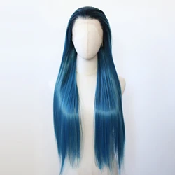 Black Ombre Blue Synthetic Lace Front Wig Long Straight Synthetic Wig Pre Plucked Heat Resistant Hair Wig