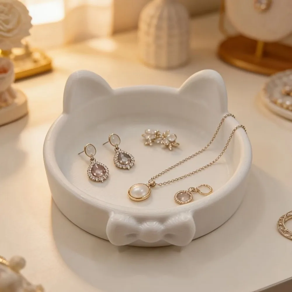 3D Printed Bow Jewelry Plate Paw Print-Like Base Cute Cat Ear Storage Trays Non-Slip Ornaments Jewelry Organizer Themed Parties