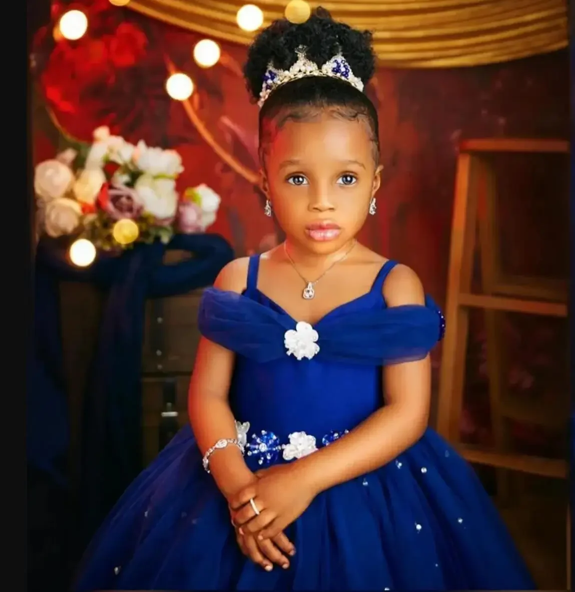 Princess Royal Blue Flower Girl Dresses For Wedding Beaded Tulle Toddler Girls Pageant Dress Kids Formal Wear