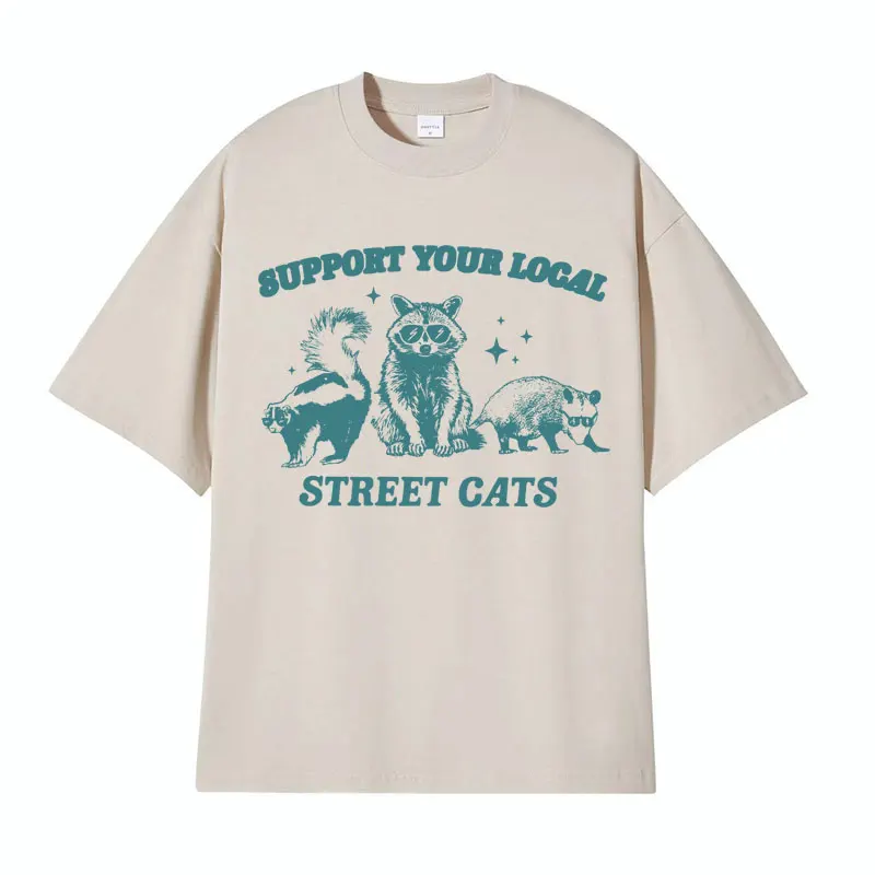 T-shirt graphique en coton pour hommes et femmes, T-shirt vintage, T-shirt en coton respirant, Support Your Local Street Cats, T-shirt raton laveur mignon, Économie à mème drôle