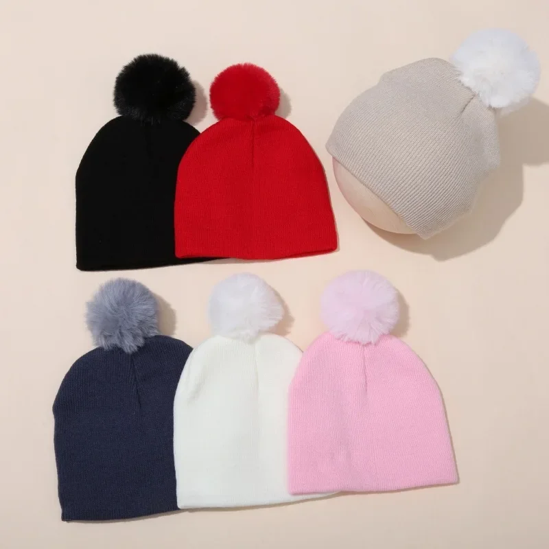 Winter Warm Big Pompom Baby Knitted Hat Cute Hairball Newborn Infant Boys Girls Hat Bonnet Solid Color Kids Cap Beanie 0-12M