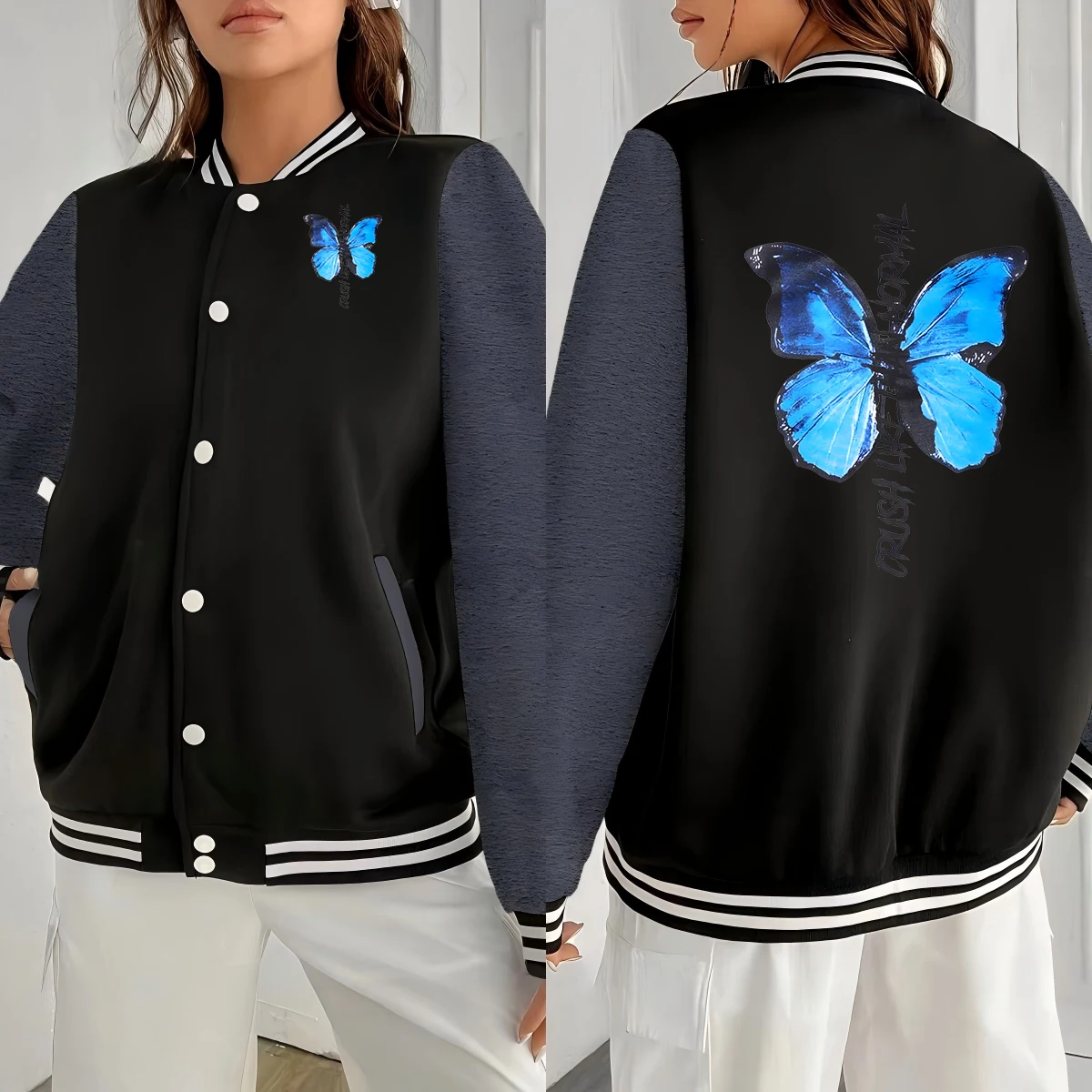 

Creativity Blue Butterfly Printed Jacket Womens Street Fleece Baseball Jersey Y2K Casual Clothes Button Female Loose Sportswear