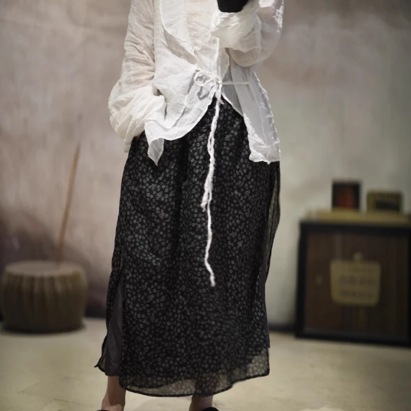 

Elegant Ramie Linen Vintage Double Layer Skirt Elastic Waist Long Floral Printed Women's All Match Split Casual A-Line Skirts