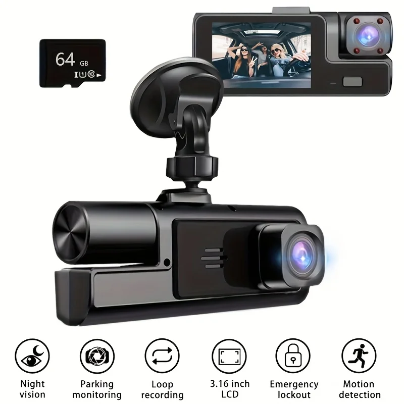 1080P Dashcam met dubbele lens, 720P achteruitkijkspiegel, lusopname, 24-uurs parkeerbewaking met G-sensor/bewegingsdetectie Optioneel 64 GB