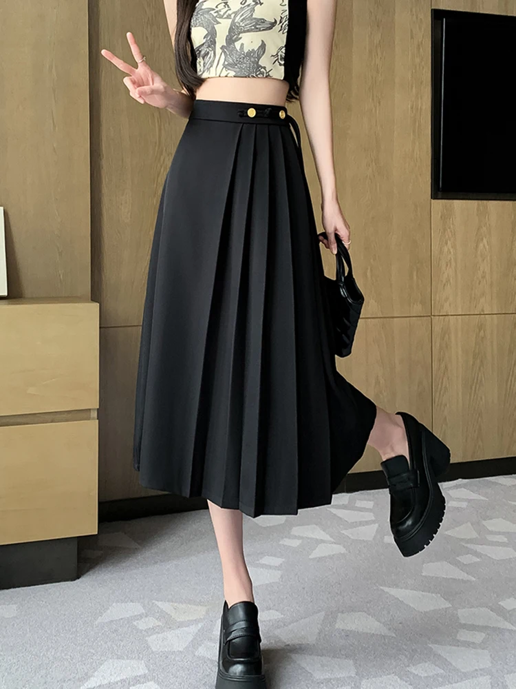 أنيقة البيج الأسود مطوي تنورة امرأة الربيع الصيف عالية الخصر خمر مكتب ارتداء دعوى التنانير الطويلة القوس ضمادة Falda Plisada