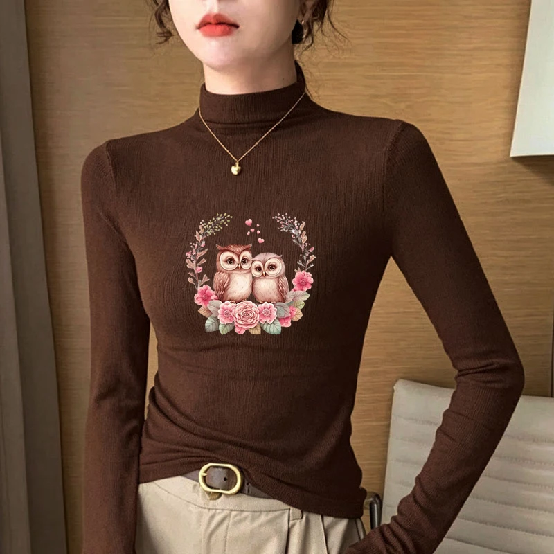 Winter Women's Thermal Brushed Fleece Half Mock Neck Long Sleeve T Shirt Cute Owls Floral Wreath Graphic Warm Tee