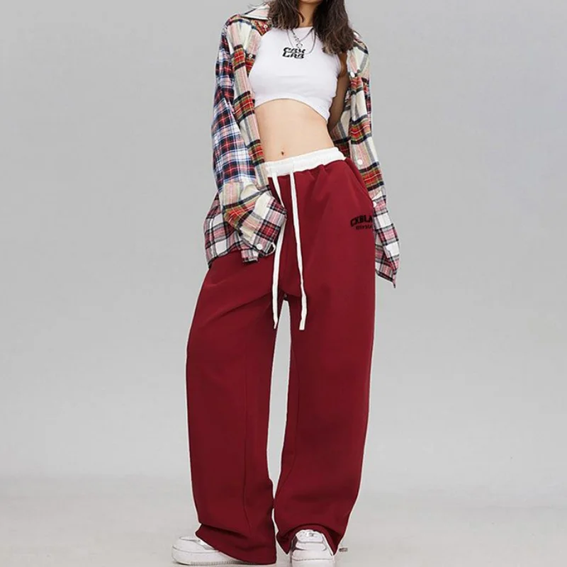 Lamuusaa y2k Jogger Pants Women Casual Contrast Color Letter Pattern Elastic Waist Baggy Loose Trousers 2000s Sweatpants Bottoms