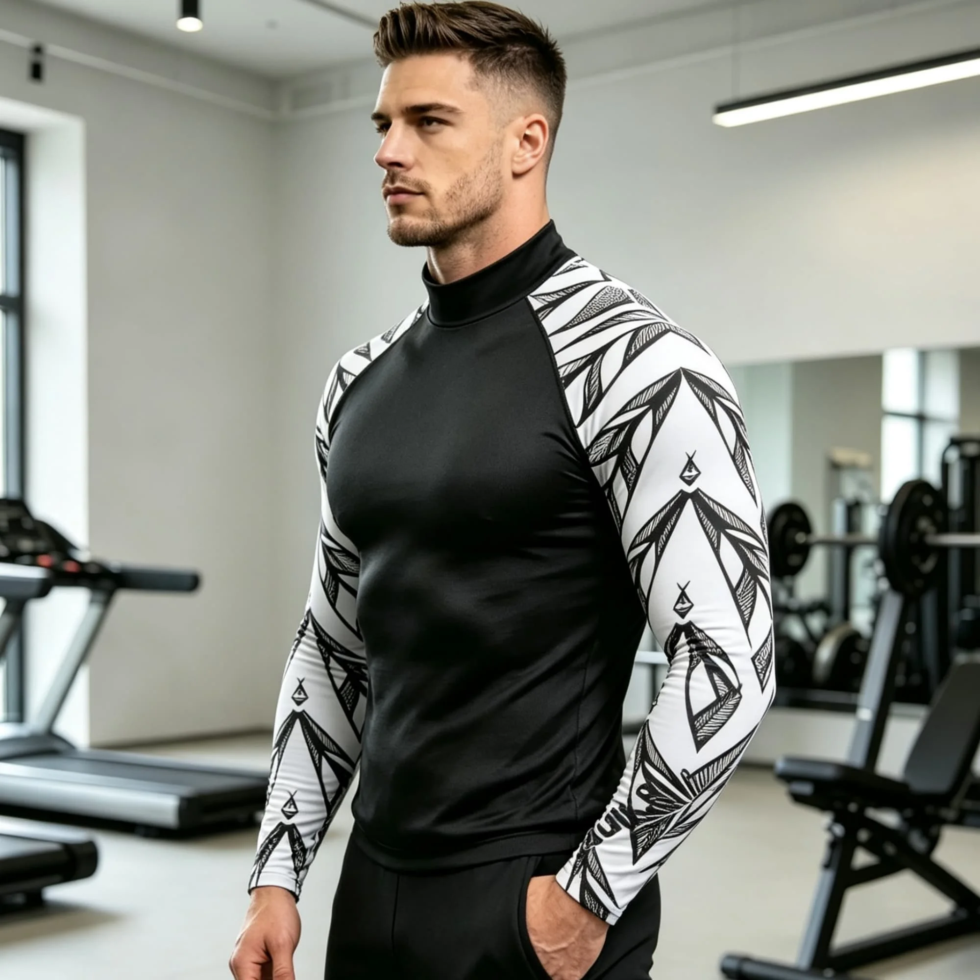 Geometric Print Spliced Mock Neck Long Sleeve Compression Shirt For Men, Stretchy Breathable Gym Workout Athletic Tee