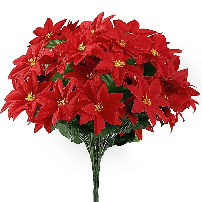 32 cm 7 Gabeln Rote Weihnachtsblumen Brautstrauß Hochzeit Weihnachtsdekoration Home Party Vase Dekoration Gefälschter Blumenstrauß