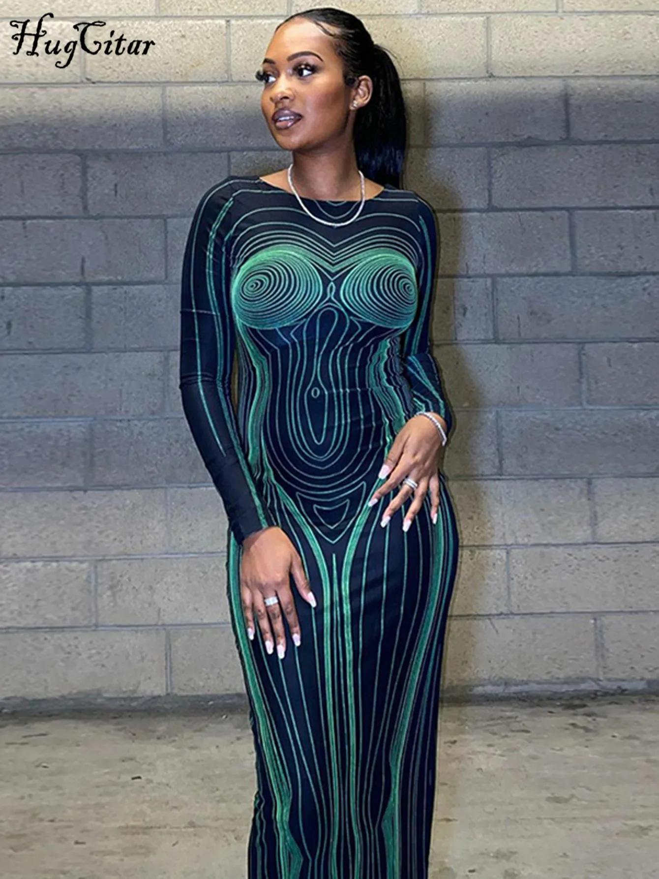 Hugcitar Striped Print Long Sleeve See Through Sexy Bodycon Maxi Dress 2024 Winter Women Y2K Evening Party Festival Clothes