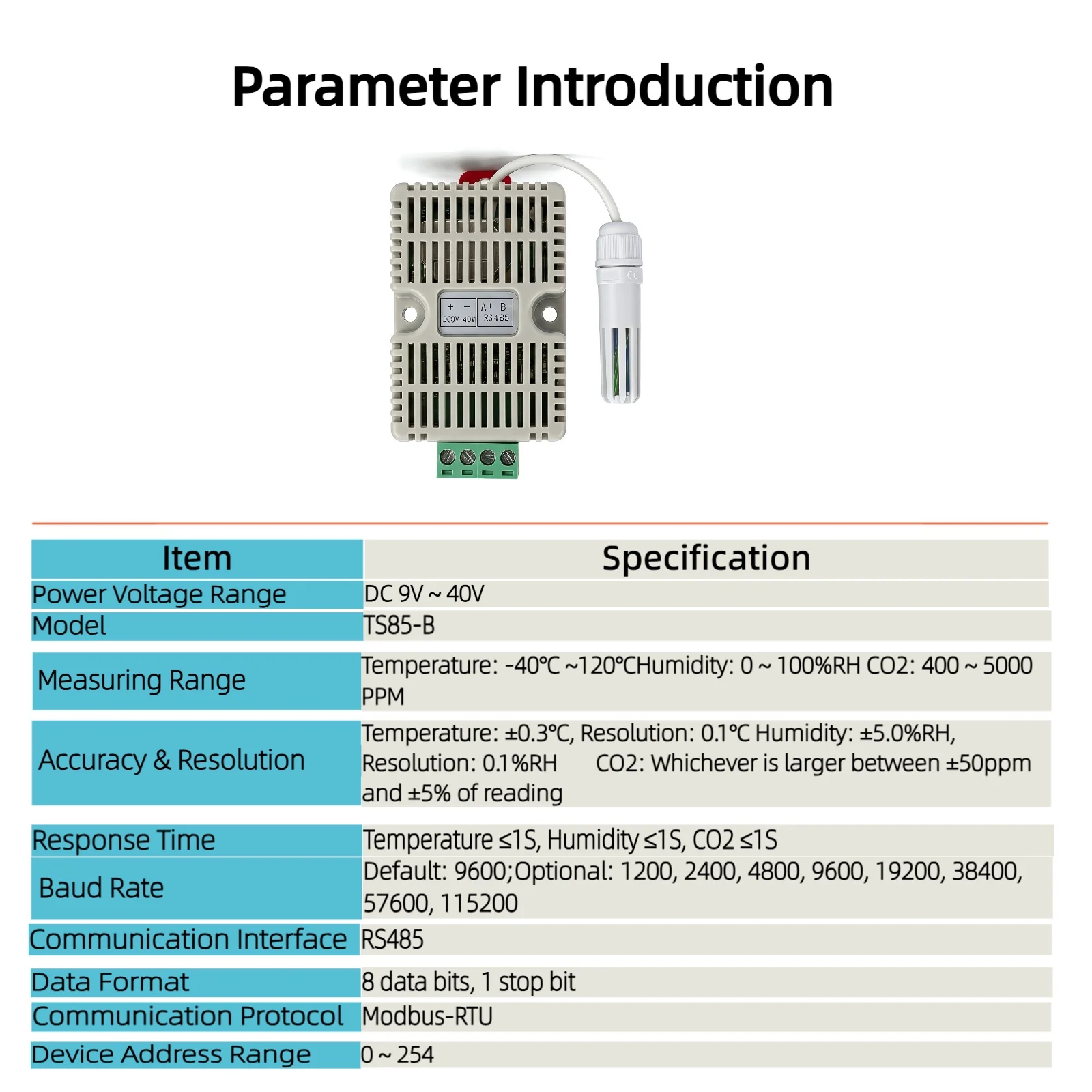 TS85-B 3-in-1 CO2-Transmitter CO2-Temperatur-Feuchtigkeits-Transmitter RS485 Modbus-RTU Luftqualitätssensor ﻿ – Detail 2