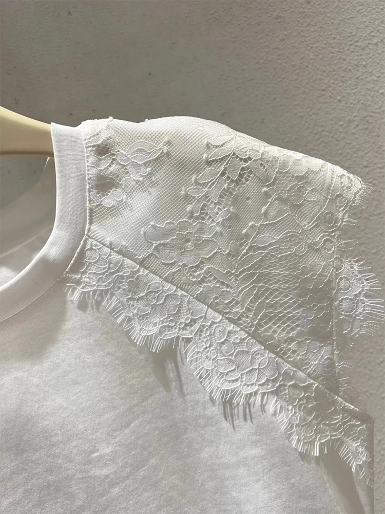화이트 레이스 트림 스플라이스 라운드 넥 티셔츠 여성 여름 신상 유니크 디자인 감각 슬림 탑 한국 스타일...