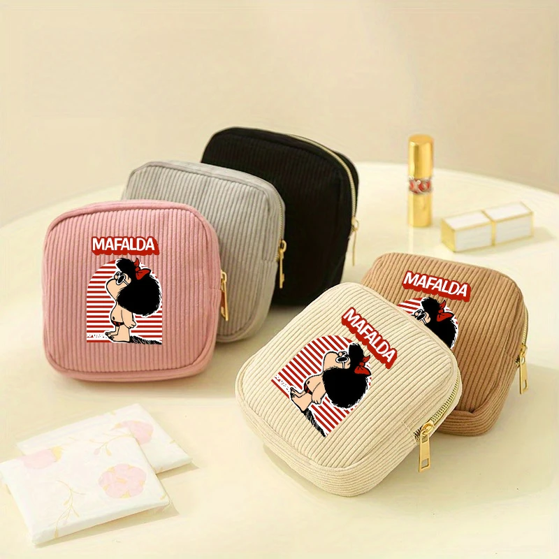 1 Pc MAFALDA Pattern Print Cubes Makeup Bag Mini Cosmetics Bag Corduroy Cute Cosmetic Pouch For Women , Lipstick Case, Or Toilet
