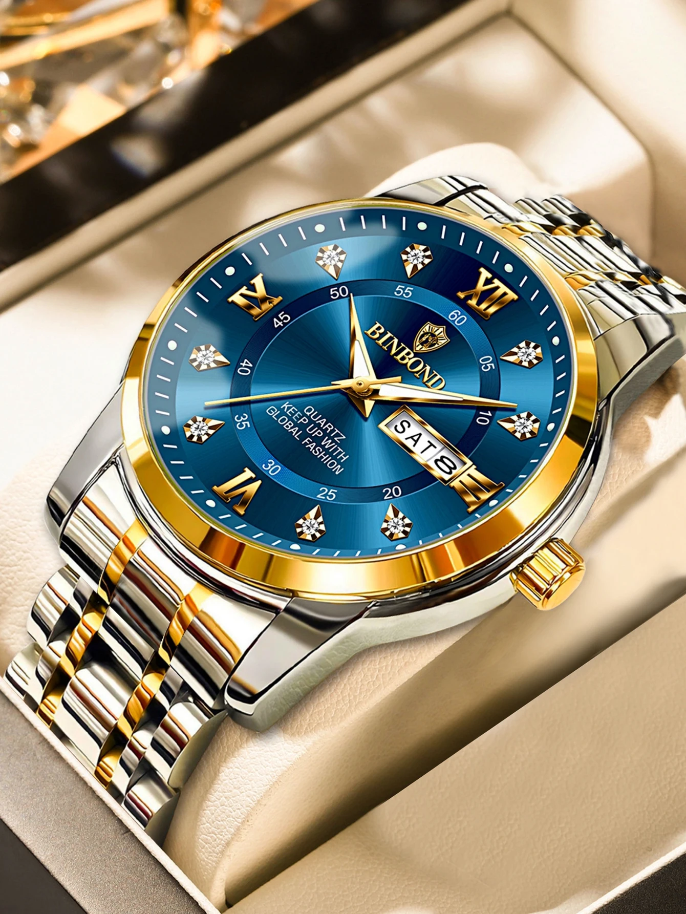 

Мужские деловые часы со светящимся циферблатом со стразами, 30 м, водонепроницаемые, с функцией календаря и даты, ремешок из нержавеющей стали, кварцевые часы B7169