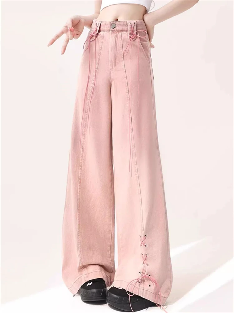 

Women's Lace Up Design Pink Thin Jeans Sweet Girl High Waisted Bottoms Vintage Baggy Trousers Female Denim Straight Pants