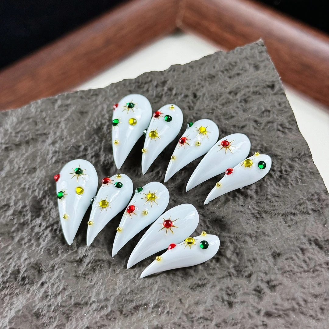 10pcs High-end Lightly luxurious and minimalist style, hand-painted red and green round diamond, dragon claws handmade fake nail