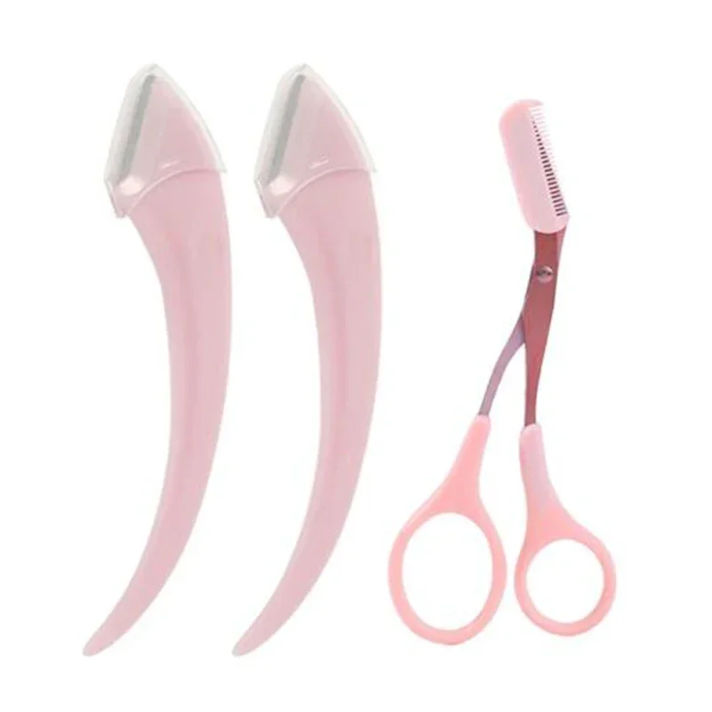 2PCS Eyebrow Trimmer Set Portable Brow Comb Scissors Eyebrow Knife Women Professional Face Shaver Hair Removal Razor Makeup Tool