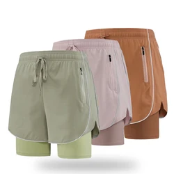 Pantaloncini sportivi da palestra Anti-esposizione 2 in 1 a vita alta da donna Quick Dry Badminton Running pantaloncini da ciclismo da Tennis con tasca con cerniera