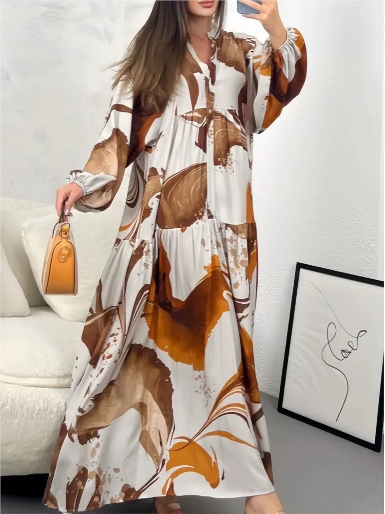 Printed Loose Shirt Long Dresse for Women's Long-sleeved V-neck Dresses New Fashion Spliced ​​elegant Female Casual Robe 2025