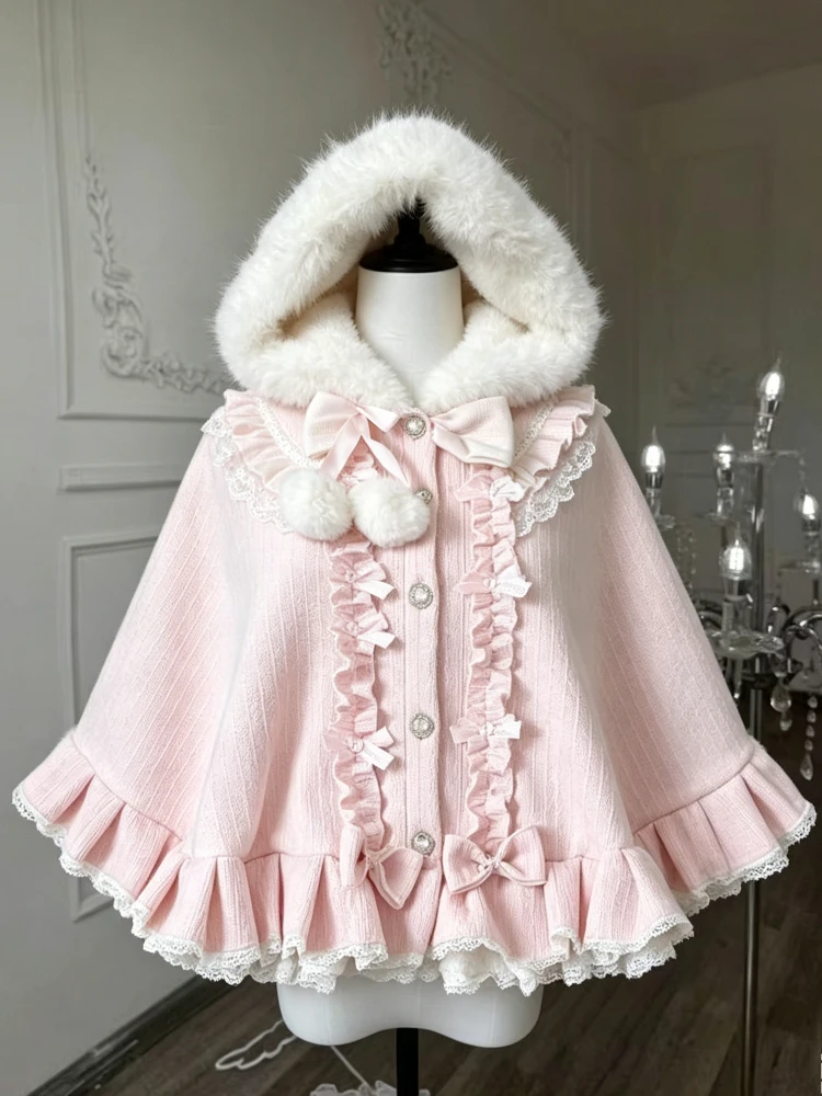 Sweet Women Winter Hooded Short Cape Faux Fur Hood Ruffle Lace Edge Bow Button Cloak for Party Dress Matching Fashion 2026 New