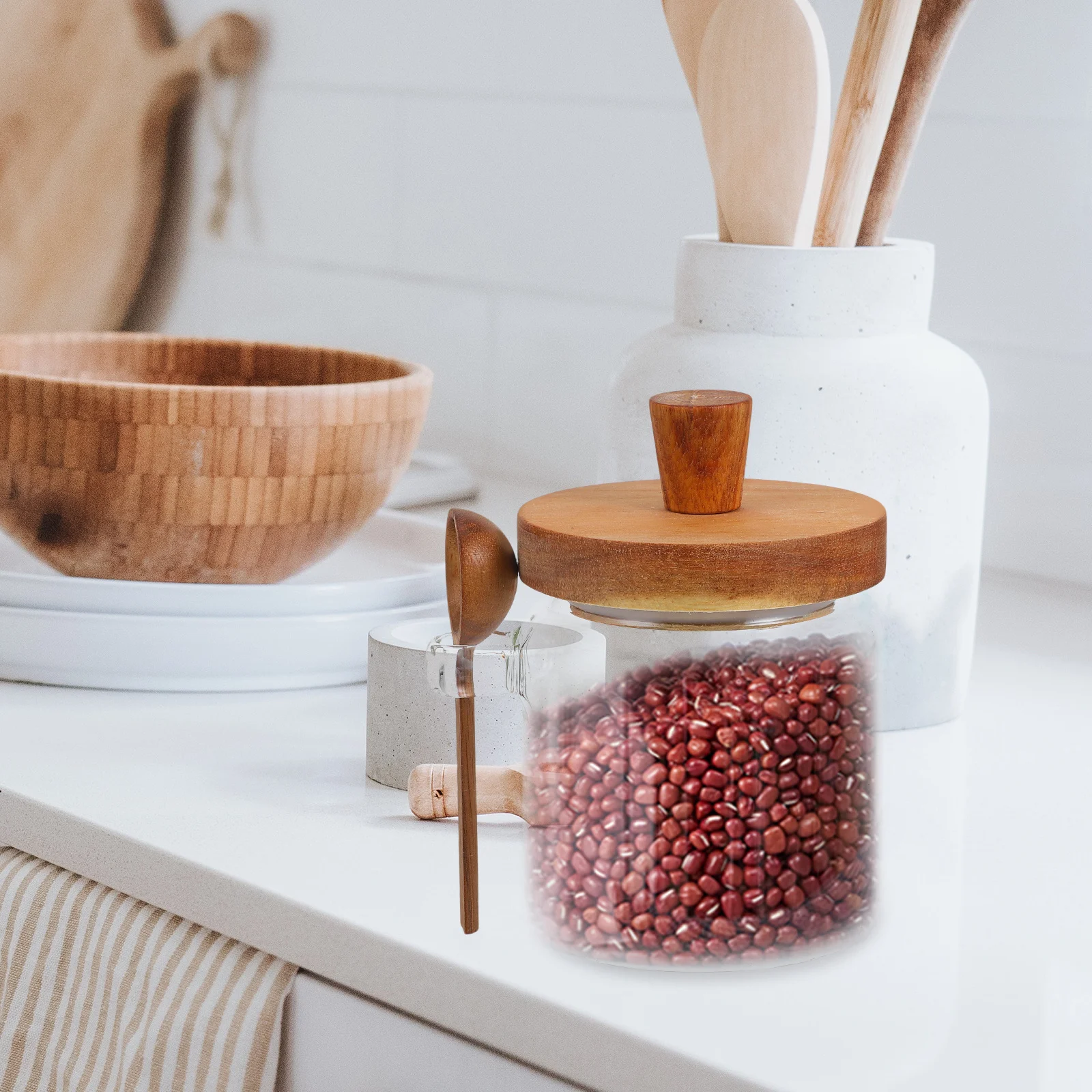 1 set di contenitori per barattoli di vetro per miele con coperchio in legno, bastoncini per miele, dispenser per contenitori per sciroppo da cucina, barattolo per sciroppo domestico