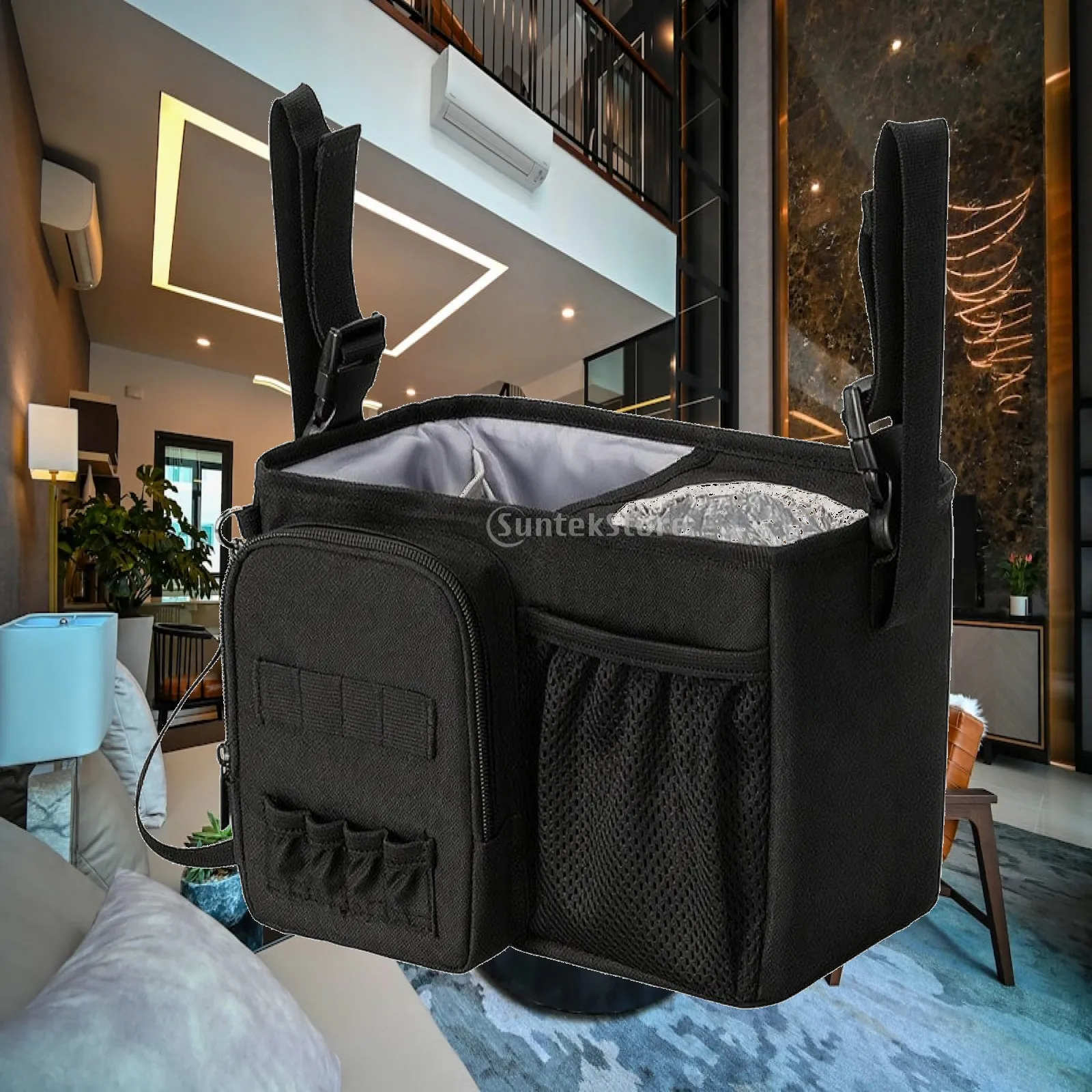 Golf Cart Accessory Pouch Storage Bag Hanging Oxford Cloth Trolley Organizer with Insulated Circular Pocket for Drinks and