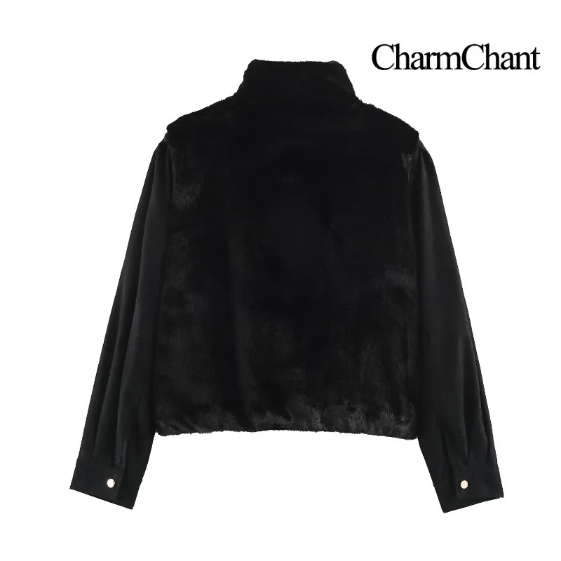 CHARMCHANT Women's Stand Collar Faux Fur Splice Suede Sleeve Zip Up Cropped Jacket Casual Outerwear Autumn Winter 2026