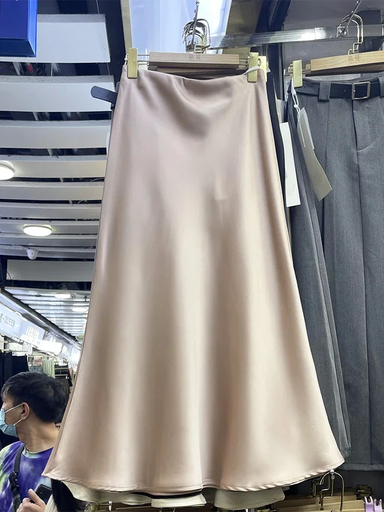 Summer Women‘s Skirts High Waist Satin Silk Elegant Office Ladies Champagne Long Skirt Korean solid Fishtail A-line Skirt Women