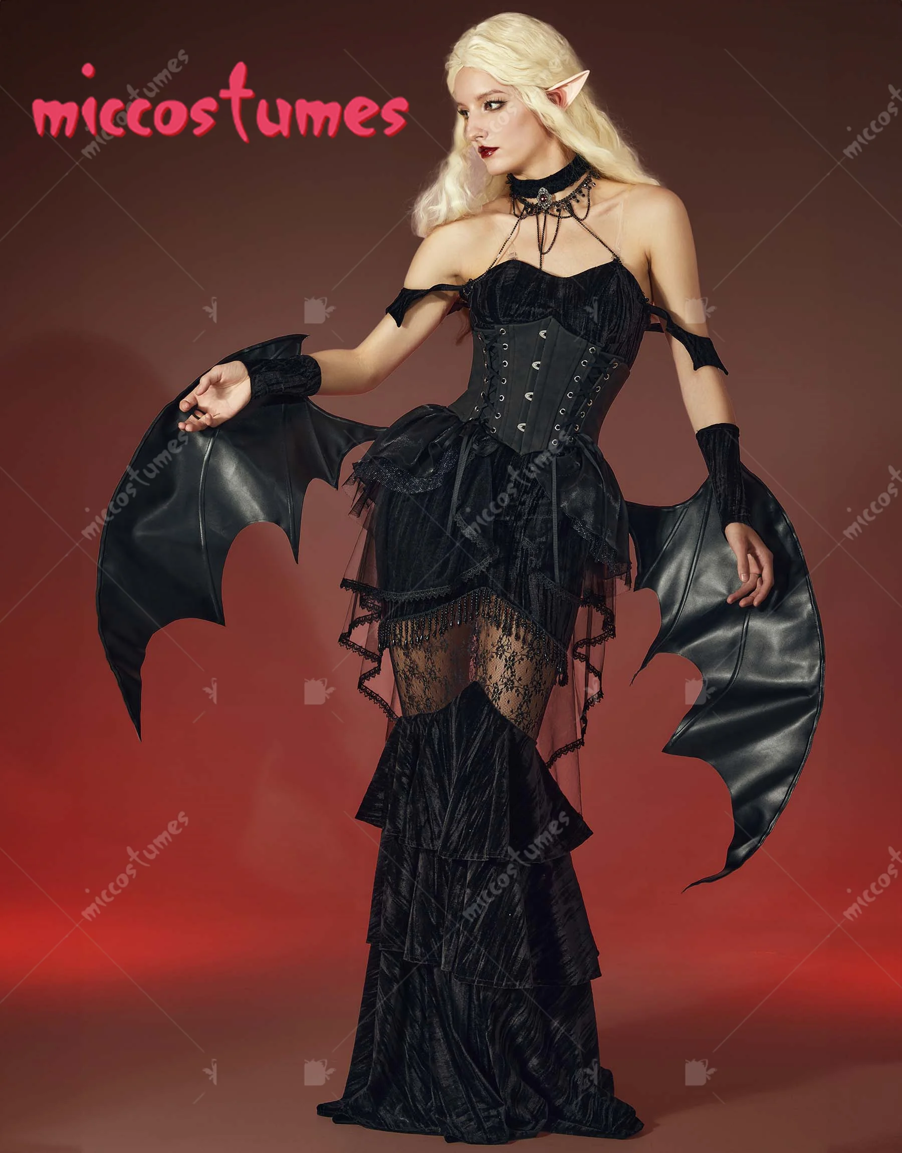 Miccostumes Women's Halloween Sexy Vampire Costume Outfit Gothic Vampire Lace Dress with Corset Belt Necklace Gloves