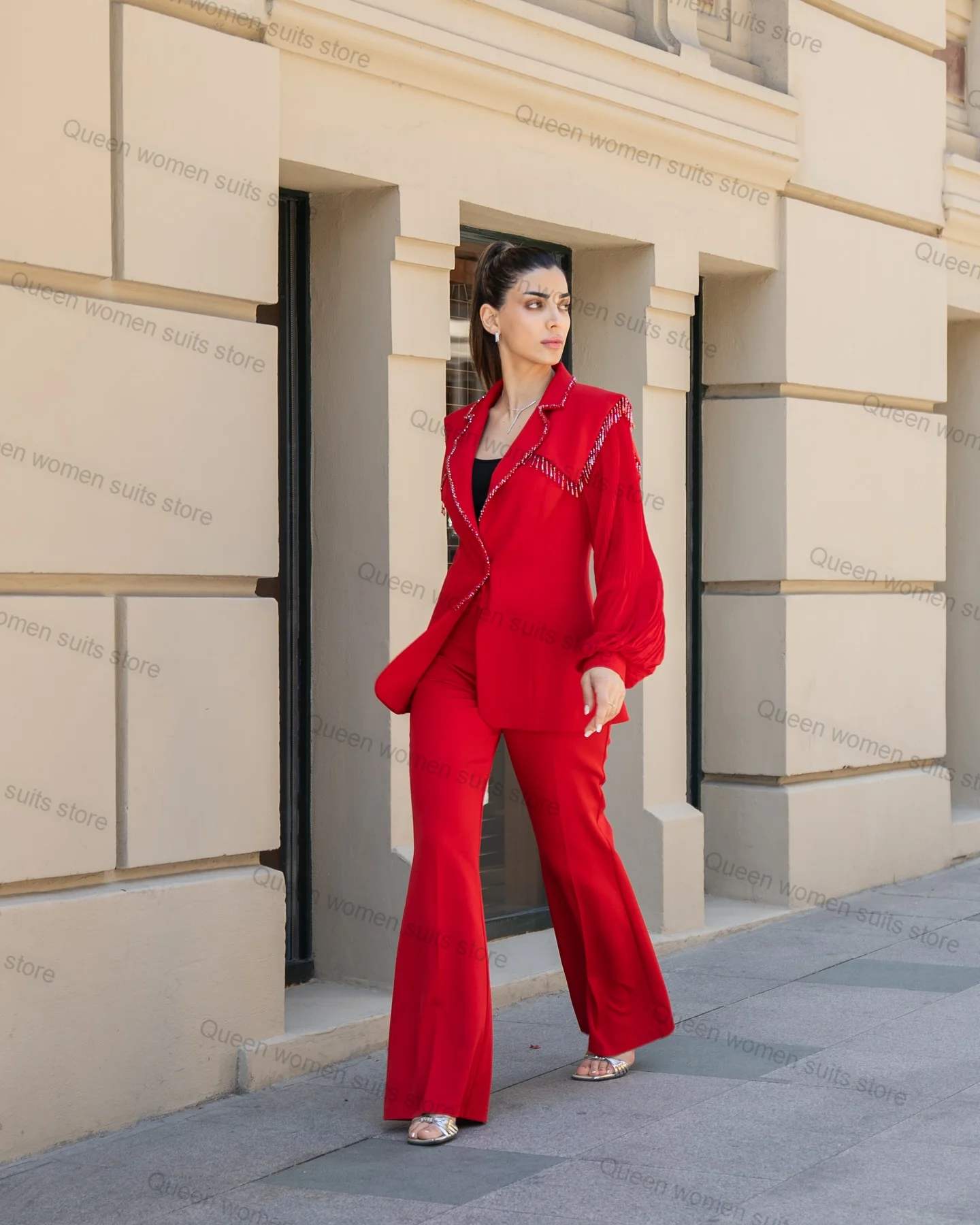 Designer Red 2 Piece Women Suits Pants Set Beading Blazer+Trouser Formal Office Lady Tailored Size Big Lapel Coat Prom Jacket