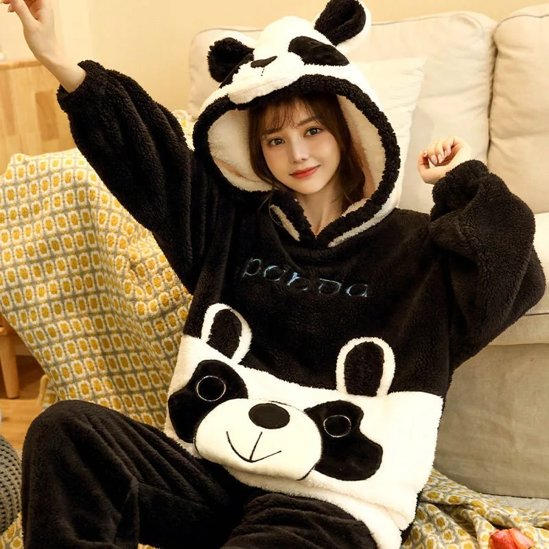 Women Pajamas Set Winter Warm Sleepwear Cute Bear Ears Hooded Pyjama Flannel Nightwear For Young Girls Home Clothing Sweet Suits