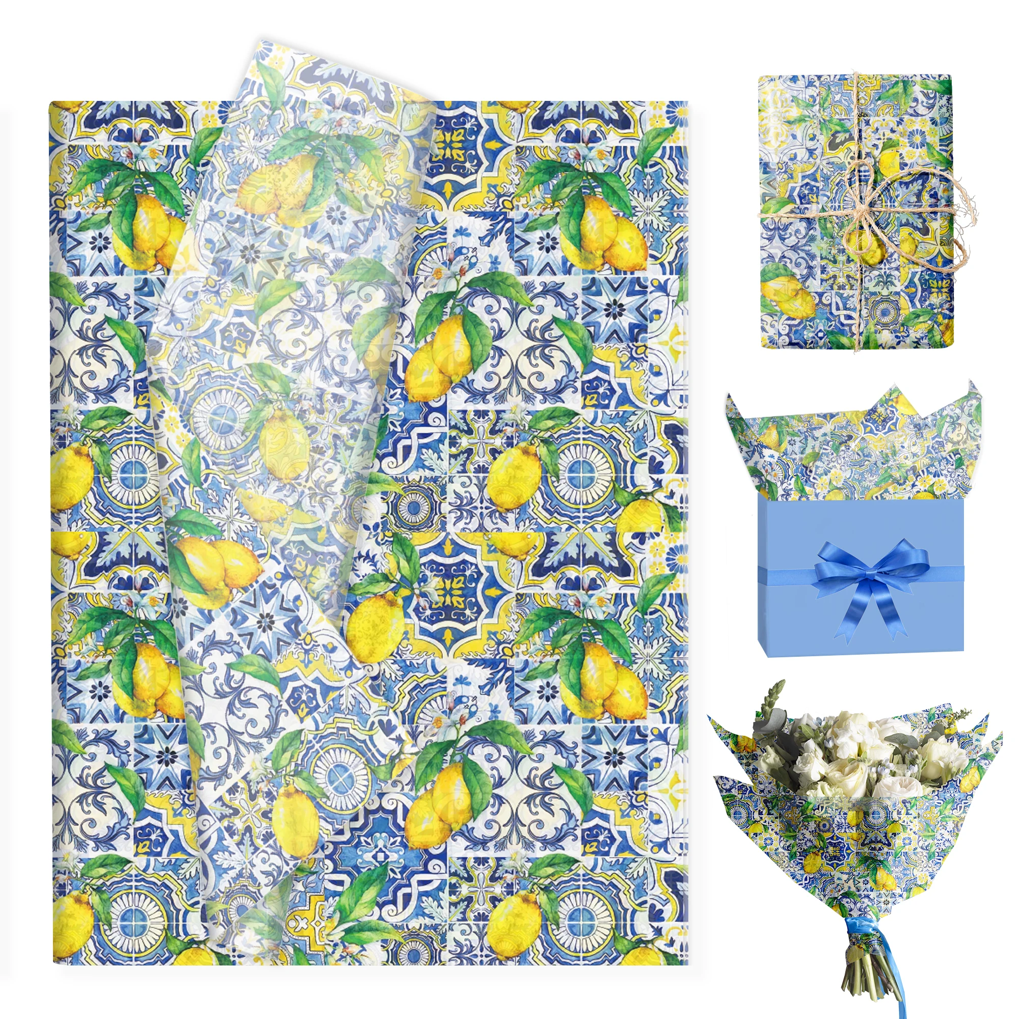 20/50pcs Blue and White Porcelain Lemon Tissue Paper Gift Wrapping Paper DIY Gift Packing Paper Birthday Wedding Party Supplies