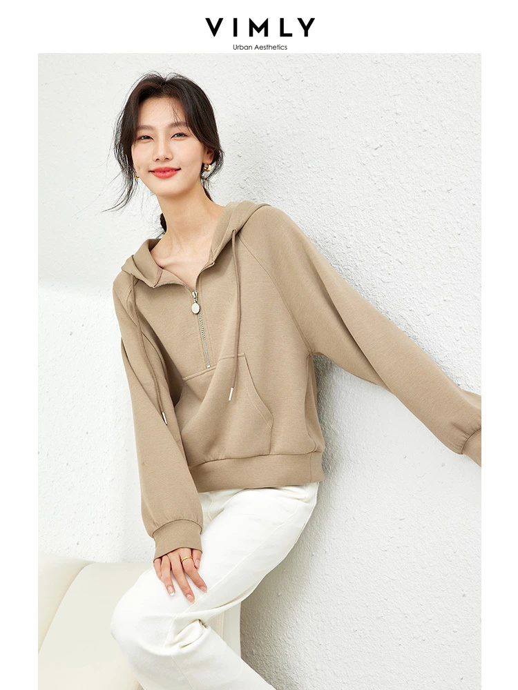 Vimly Women Hooded Sweatshirts 2024 Spring Casual Front Pockets Hoodies Pullover Half Zipper Cotton Long Sleeve Tops M6186