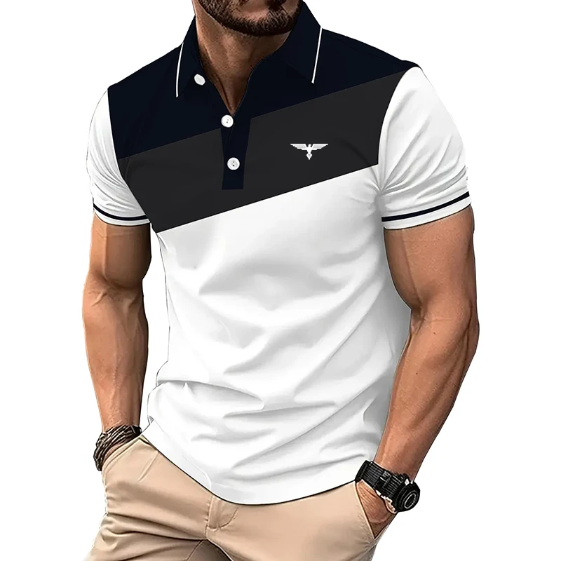 

New Summer Men Short Sleeve Spell Color Polo Shirt Men Business Casual Lapel Button Polo Shirt .