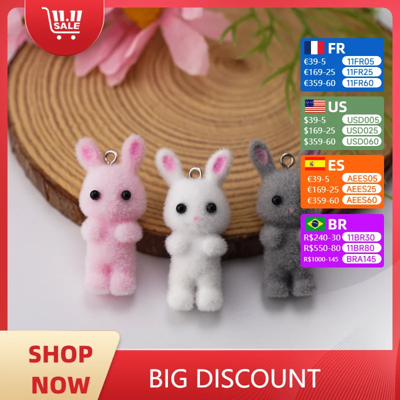 30pcs 3D cartoon Resin Doll Charms Fluffy Flocking Animal Rabbit Pendant for make DIY Jewelry Keychain Necklace Earring fittings