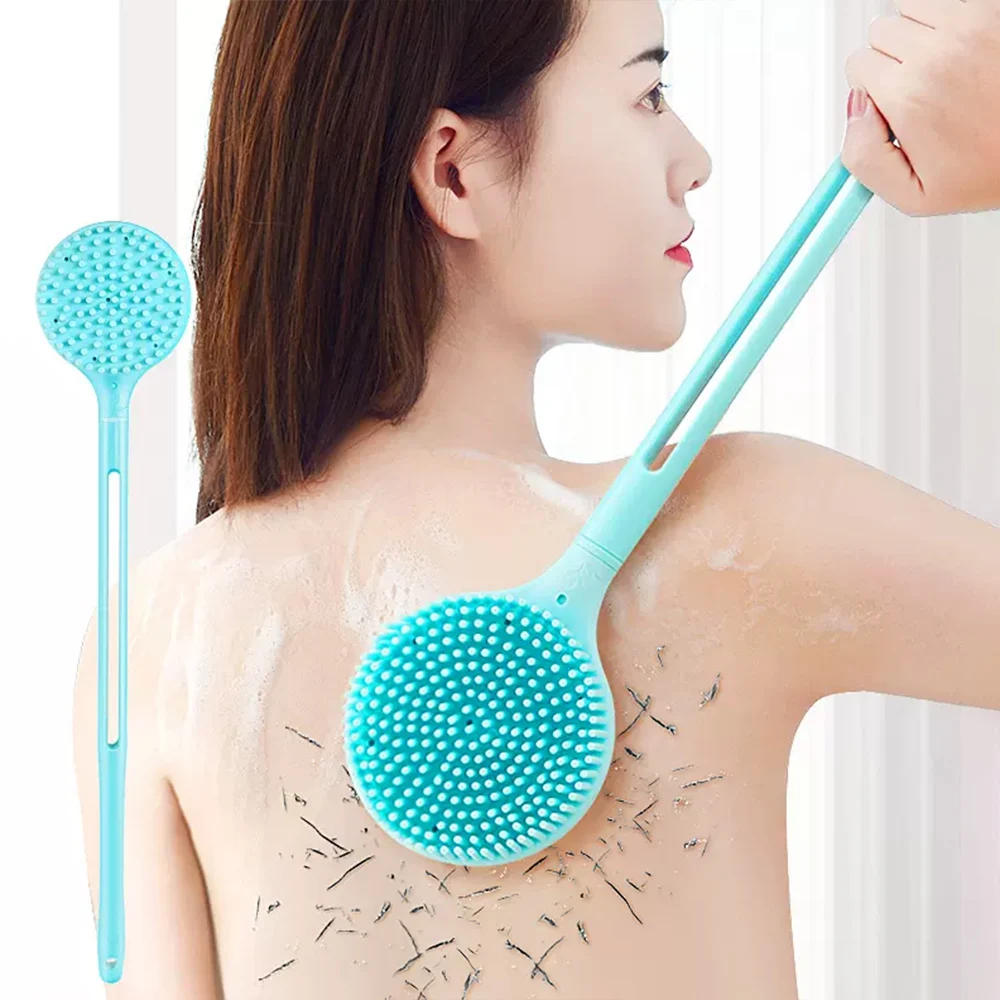 1pc Silikon lange Griff Bade bürste doppelseitige Dusche Peeling Bürste Körper peeling Rücken Massage bürsten Bad zubehör