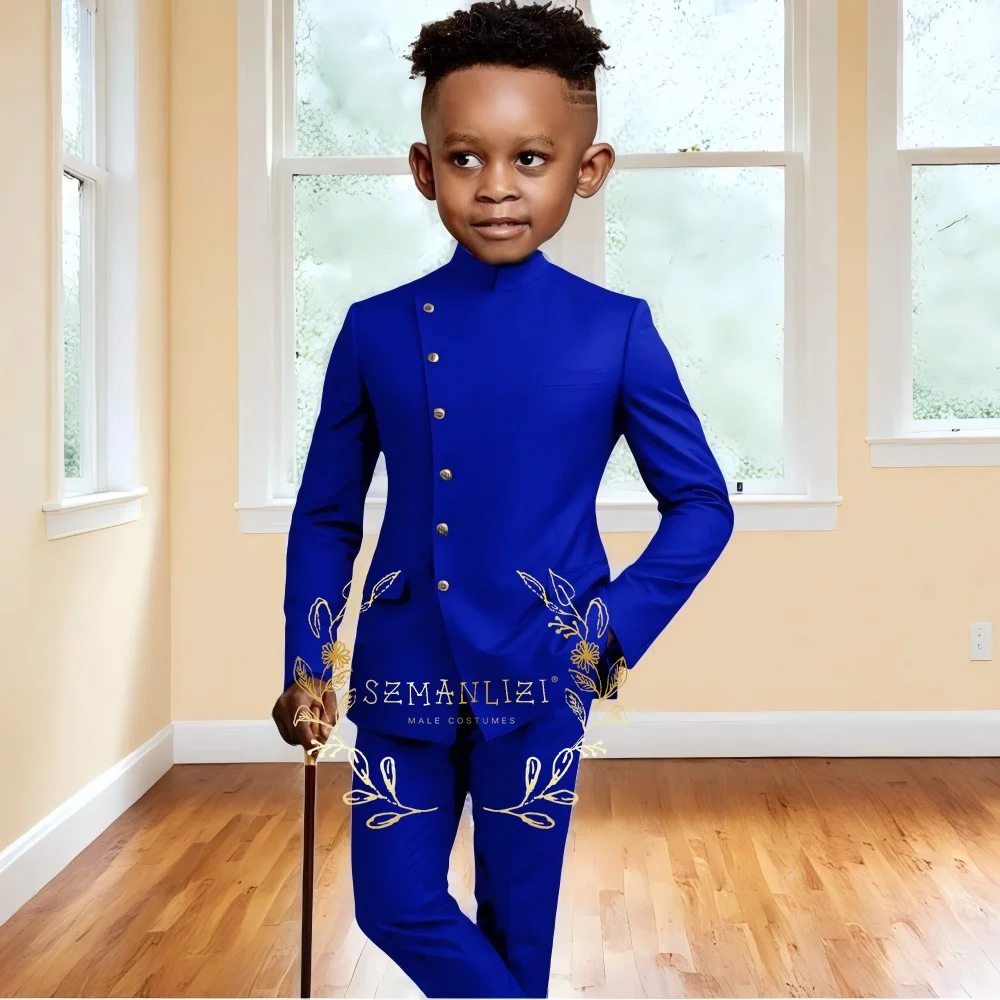 

Royal Blue Boy Suits 2 Pieces Formal Jacket Pants for Wedding Stand Collar African Outfits Child Tuxedo Slim Fit Customized Set