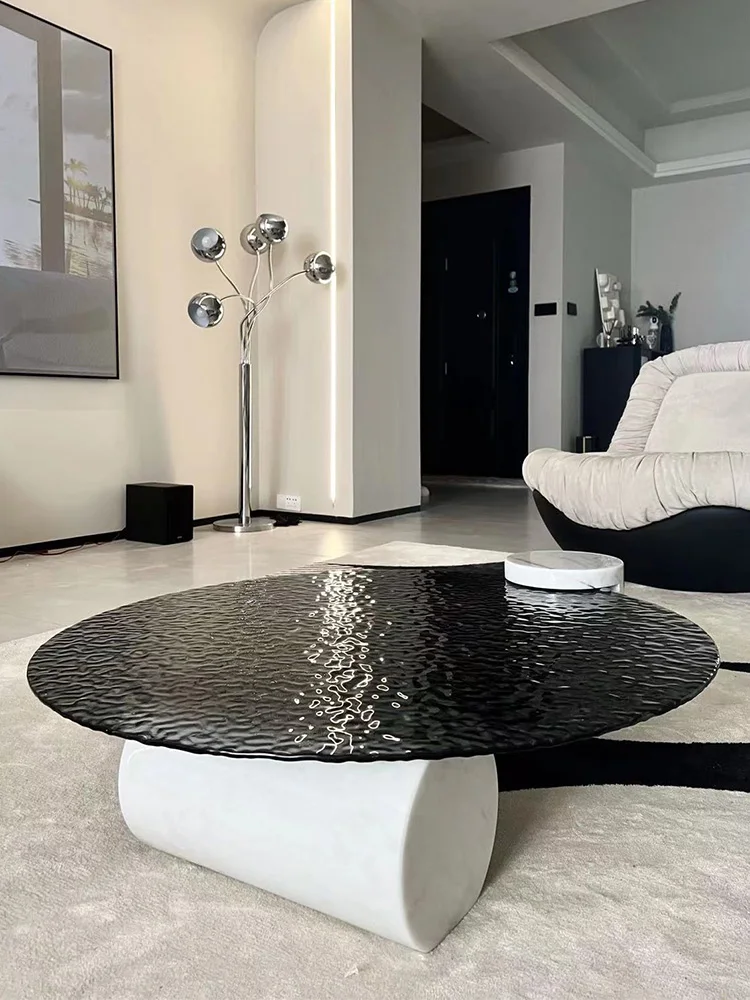 

Style light luxury minimalist round rock slab designer marble water ripple hot melt glass coffee table furniture