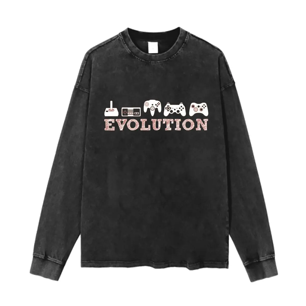 

Video Game Controller Evolution Design Washed Cotton Vintage Solid O Collared Long Sleeve T Shirt For Men & Women