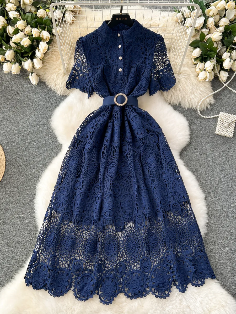 2024 Fashion Elegant Lace Hollow Out Party Dress Women Short Sleeve Slim Belt Solid Vintage Streetwear Summer Long Dresses