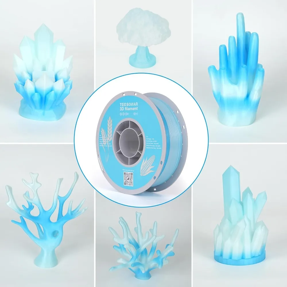 Crystal Rainbow PLA 3D Printer Filament 1.75mm 1KG Spool, Fast Color Change Gradient, White Blue, for FDM Printers